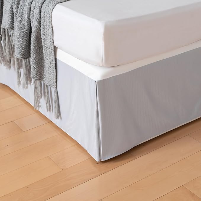 King Bed Skirt, Grid Plaid Soft Quadruple Pleated Ruffle Bed Skirt, Tailored Dust Ruffle 14 Inch Drop Easy Fit, Machine Washable (Silver Grey)