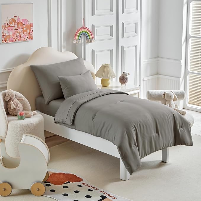 Toddler Bedding Set - 5 Piece Soft and Breathable Toddler Bed Set for Boys and Girls, Includes Quilted Comforter, Fitted Sheet, Flat Top Sheet, Standard Pillowcase and Toddler Pillowcase, Dark Gray