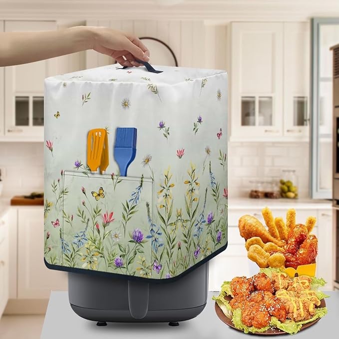 Air Fryer Cover Kitchen Appliance Cover Stain Resistant Washable Protective Cover Electric Appliance Cover with Front Pocket and Top Handle, Green Floral