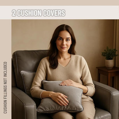 2 Pack Velvet Decorative Throw Pillow Covers, 18"x18", Dove Grey, Solid, Modern, Contrast Piping, Indoor Use, Bedroom & Living Room