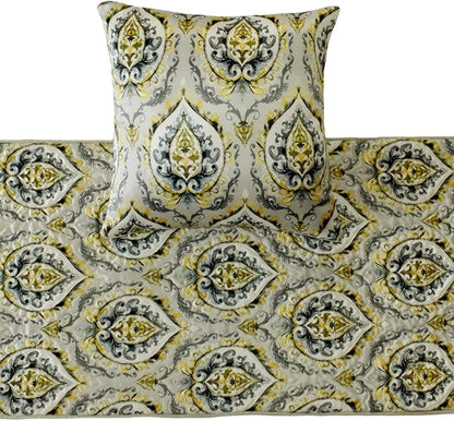 The HomeCentric King/Queen/Twin Grey & Yellow Designer Twin 53"x18" Bed Runner with Pillow Cover, Quilted, Damask & Tassels Bed Scarf on Jacquard Fabric - Flamey Damask