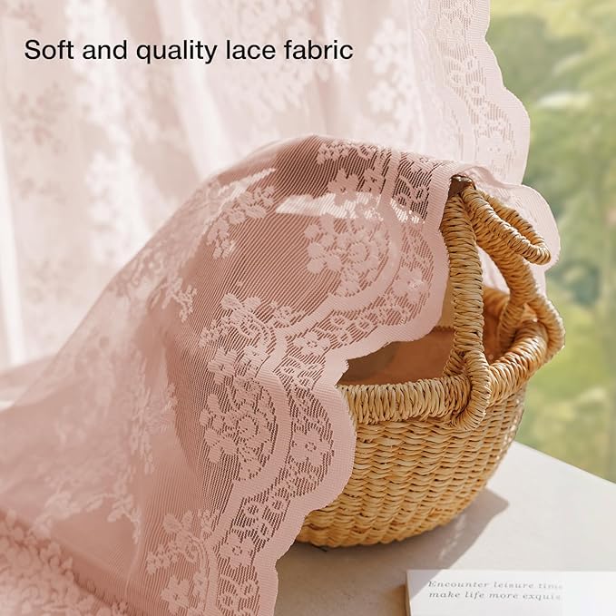 Anmao Vintage Lace Curtains 84 Inches Long 2 Panels Set, Romantic Elegant Light Filtering Semi Sheer Floral Thick Lacy Curtain Drapes for Living Room and Bedroom, Each Panel 55W x 84L, Blush Pink