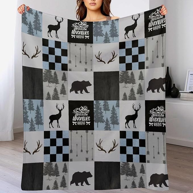 Bear Cabin Plaid Blanket, Rustic Retro Bear Deer Patchwork Gray Blue Farmhouse Throw Blanket for Couch Bed Living Room, 30"x40"