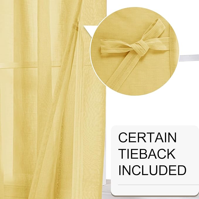 XWZO Sheer Curtains 84 Inches Length 2 Panels Set with Tiebacks, Grommet Top Semi Transparent Voile Lightweight Window Curtains for Bedroom, Living Room, Kids Room, W52 x L84, Yellow, Set of 2
