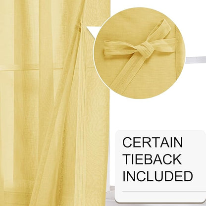 XWZO Sheer Curtains 84 Inches Length 2 Panels Set with Tiebacks, Grommet Top Semi Transparent Voile Lightweight Window Curtains for Bedroom, Living Room, Kids Room, W52 x L84, Yellow, Set of 2