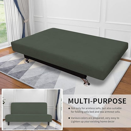 Easy-Going Stretch Futon Slipcover Armless Futon Bed Cover Furniture Protector Without Armrests with Elastic Bottom for Kids, Soft Jacquard Fabric Small Checks (Large, Olive Green)