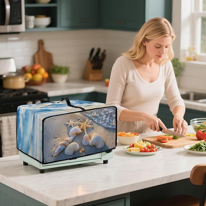 Air Fryer Toaster Oven Cover, Dust-Proof Small Kitchen Appliance Cover with Pockets, Kitchen Baking Accessories, L, 18.5 x 22.5 x 13 Inches, Beach Sea Shell Whelk Print