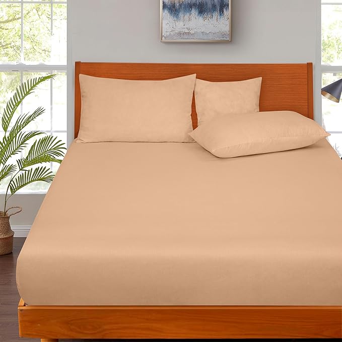 ROYALE LINENS 300 Thread Count 100% Long Staple Combed Cotton Fitted Sheet King - Super Soft Deep Pocket Bottom Sheet - Fitted Sheets Only - Elastic Sheets (King, Sand)