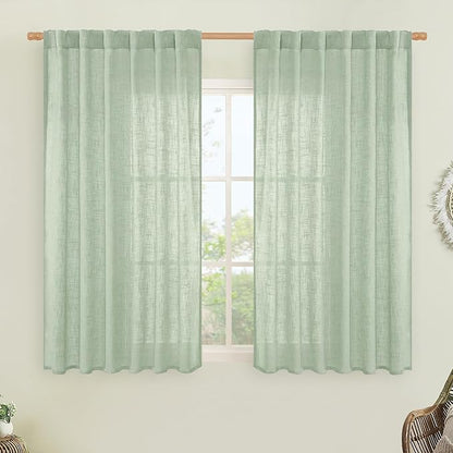 LAMIT Semi Sheer Linen Curtains 45 Inches Long, Light Filtering Panels Back Tab and Rod Pocket Neutral Drapes for Kitchen/Window/Bedroom, Fresh Green, 2 Panels, 52 x 45 Inch