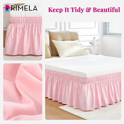 RIMELA Pink Bed Skirt King Size 15 Inch Drop, Elastic Bed Skirting for Bed Base and Frame, Bedding Dust Ruffle Easy to Install, Lightweight Comforter Set with Wrap Around Adjustable Bedskirt