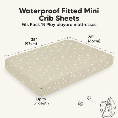 2-Pack Waterproof Pack and Play Sheets, Mini Crib Sheets Fitted for Boy, Girl - 38 x 26 Viscose from Bamboo Pack N Play Mattress Sheets for Graco, Toddler Playard Baby Crib Sheets Neutral(Pine Grove)