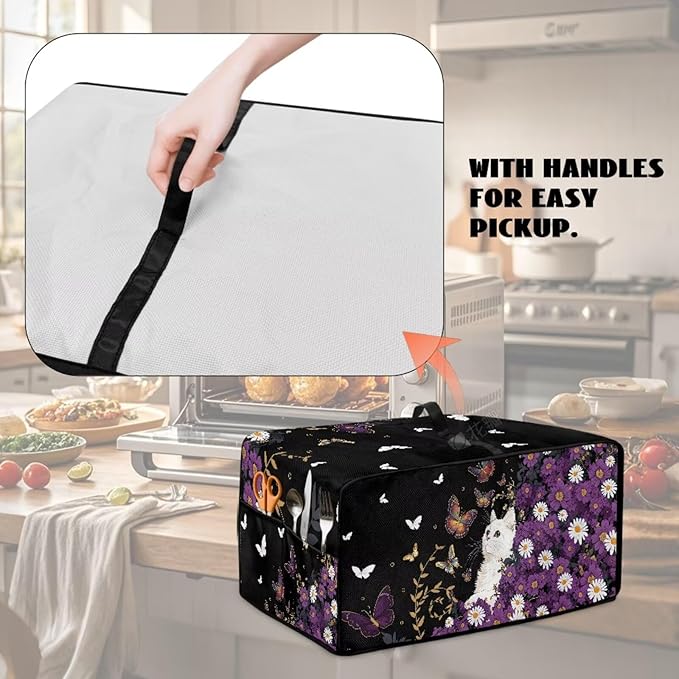 Toaster Oven Cover with Side Pockets, Dustproof Smart Microwave Convection Oven Cover with Handle, for Kitchen Decor, M, 16.5" x 20.5" x 10", White Cat Violet Daisy Butterfly Black