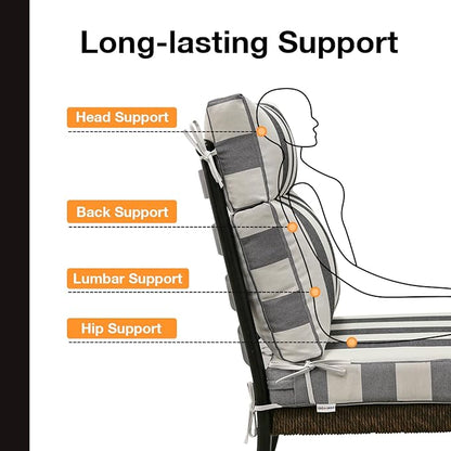 Outdoor Separate High Back Chair Cushion Seat Pads, 2-Pack 44 x 21 Inch Water-Repellent & Fade-Resistant Patio Furniture Cushions with Ties for Adirondack, Rocking Chairs, Gray Stripe