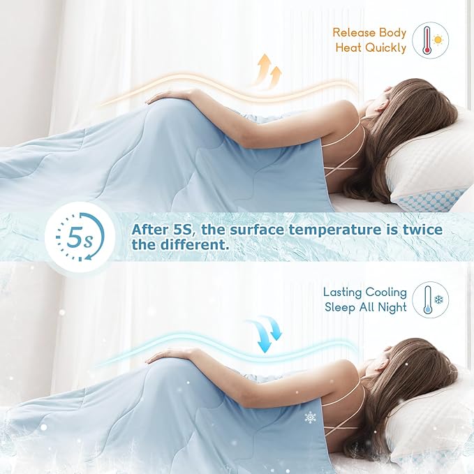 EASELAND Cooling Comforter Queen, Cold Touch Fabric Absorbs Body Heat, Double-Sided Cool Design Soft Fluffy Cooling Blanket for Night Sweats Hot Sleeper (Blue, Queen(90"x90"))