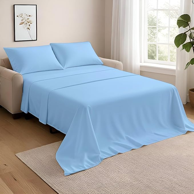 NON Sticky cotton Queen Size Sleeper Sofa Sheets, 4 Piece Egyptian Cotton Bed Sheet Set for Sofa Bed, 10" Deep Pocket for Pull Out Couch Mattress, 60" x 75", Light Blue Solid, Soft & Breathable