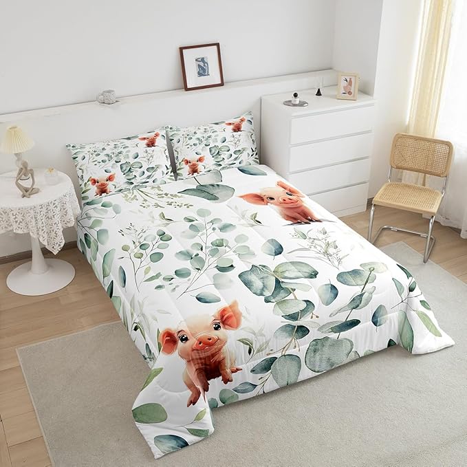 Erosebridal Kawaii Pig King Bedding Sets for Boys Girls Cartoon Animal Comforter Set, Eucalyptus Leaves Duvet Insert Farm Wildlife Down Comforter, Tropical Botanical Plants Bedding Comforter Sets