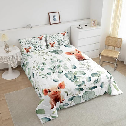 Erosebridal Kawaii Pig Toddler Size Comforter Set for Boys Girls Cartoon Animal Bedding Set, Eucalyptus Leaves Down Comforter Farm Wildlife Bed Set, Tropical Botanical Plants Quilted Duvet