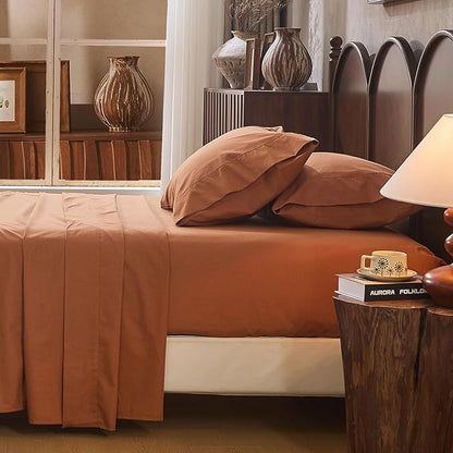 100% Linen Sheet Set King Size Extra Deep Pocket Fits 18-24 Inch Mattress, Breathable & Soft, Smooth 4-Piece Set for Thick Mattresses Hotel Luxury Bedding（King, Brown）