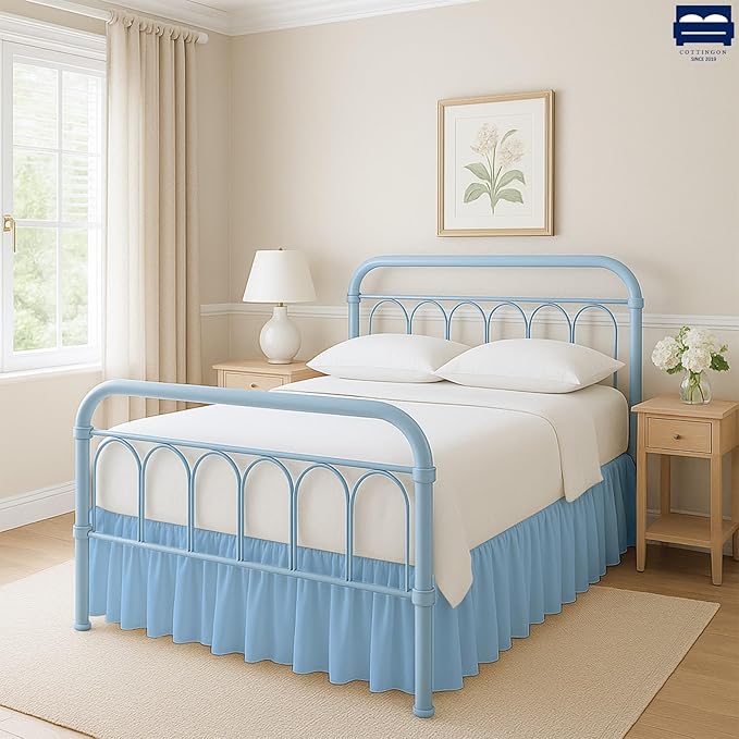 Cottingon Bed Skirt Queen 24" Drop with Split Corners, 100% Microfiber Soft and Stylish, Dust Ruffle with Platform, Light Blue