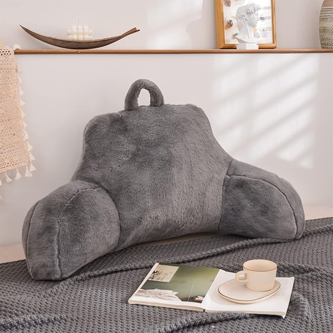 Aimuan Reading Pillow Bed Rest Wedge Large Adult Backrest Pillow with Arms Back Support for Sitting Up in Bed Cushion Incline Rest Sleeping Snoring Pillow, Grey Large