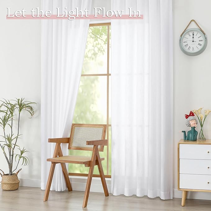 Simplebrand White Faux Linen Textured Curtains 63 Inch Length 2 Panels for Bedroom, Semi Sheer Light Filtering Privacy Farmhouse Curtains, Soft Thick Rod Pocket Window Drapes, 40W x 63L Inch