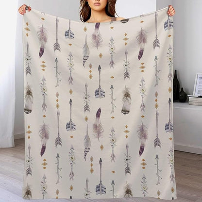 Boho Tribe Blanket, Bohemian Aztec Ethnic Tribe Native Tribal Arrows Feathers Print Pattern Throw Blanket for for Chair Bed Sofa Couch 30"x40"