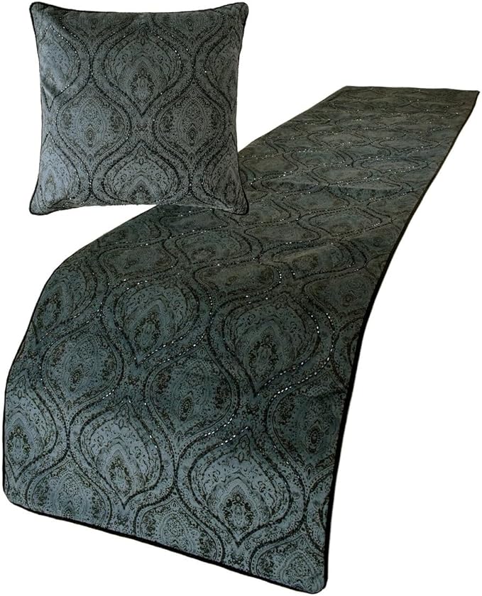 The HomeCentric King/Queen/Twin Gray Decorative King 90"x18" Bed Runner with Two Pillow Cover, Damask, Victorian & Bead Embroidery Bed Scarf on Suede Fabric - Beatrice
