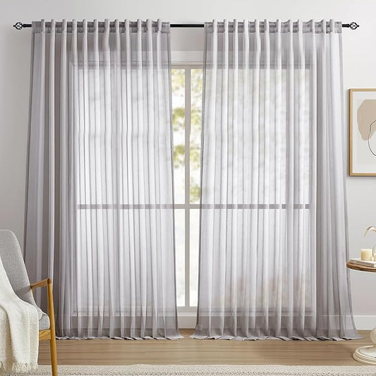 Dreaming Casa Grey Sheer Curtains 102 Inches Long, Rod Pocket & Back Tab Light Filtering Textured Sheers for Living Room Bedroom, 2 Panels, Each 100" W x 102" L