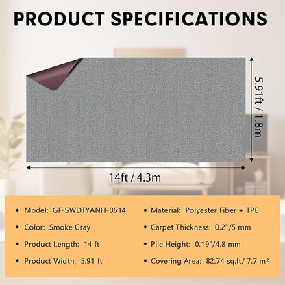 Marine Carpet,6 FT x 14 FT Smoke Gray Indoor Outdoor Carpet 0.2" Thick Boat Carpet with Water-Proof TPE Backing, Non-Slide Outdoor Marine Carpet Roll for Home, Patio, Porch, Deck