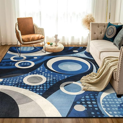 9CH Modern Wavy Circles Area Rug 7' X 5' Navy Blue Abstract Geometric Washable Rugs Non Slip Soft Modern Floor Carpet for Office Dining Room Home Decor