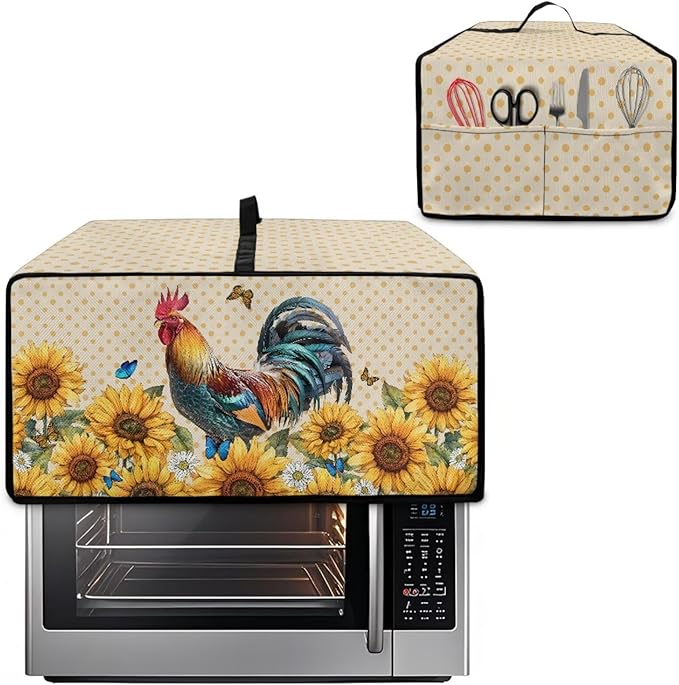 Microwave Oven Dust Cover Waterproof Dustproof Microwave Toaster Oven Cover Fabric Kitchen Machine Covers for Toaster Oven Air Fryer, Rooster Chicken Sunflower Butterfly Polka Dot Print, S