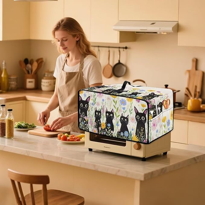 Countertop Microwave Oven Cover with Side Pockets, Dust Protection Small Appliance Toaster Ovens Dust Cover, L, 18.5 x 22.5 x 13 Inches, Cartoon Black Cat Daisy Flower