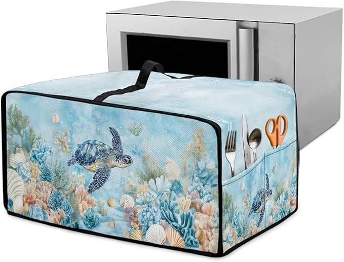 Air Fryer Toaster Oven Cover with Pockets, Dustproof Electrical Appliance Cover for Kitchen Countertop, S, 14.5 x 18.5 x 9 Inches, Sea Turtle Seashell Coral Reef Blue