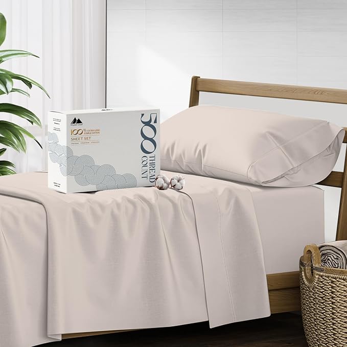Mayfair Linen 500 Thread Count Twin Cotton Sheets - 3 PC Twin Size Bed Sheet Set Cotton (Taupe), Soft, Cooling, Sateen Hotel-Quality 16" Deep Pocket Bedsheet for Hot Sleepers (Fits 18" Mattress)