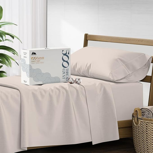 Mayfair Linen 500 Thread Count Twin Cotton Sheets - 3 PC Twin Size Bed Sheet Set Cotton (Taupe), Soft, Cooling, Sateen Hotel-Quality 16" Deep Pocket Bedsheet for Hot Sleepers (Fits 18" Mattress)
