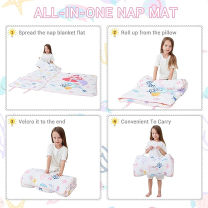 Toddler Nap Mat with Pillow and Blanket, Extra Large Rolled Napping Mats,Slumber Bags for Boys Girls,Kids Sleeping Bag for Daycare, Preschool Travel Camping