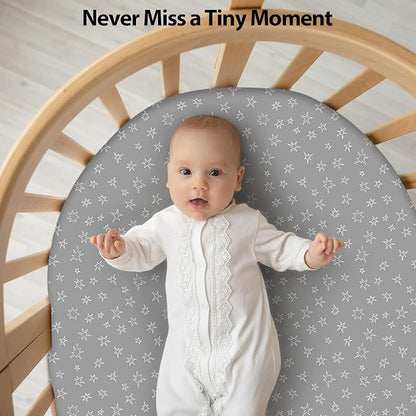 Baby Bassinet Sheets Girl Boy, Fitted Bassinet Sheet Set 3 Pack Bassinet Mattress Sheets Universal Fit for Rectangle, Round, Oval, Hourglass Mattress, Soft Breathable Blue Gray Planet