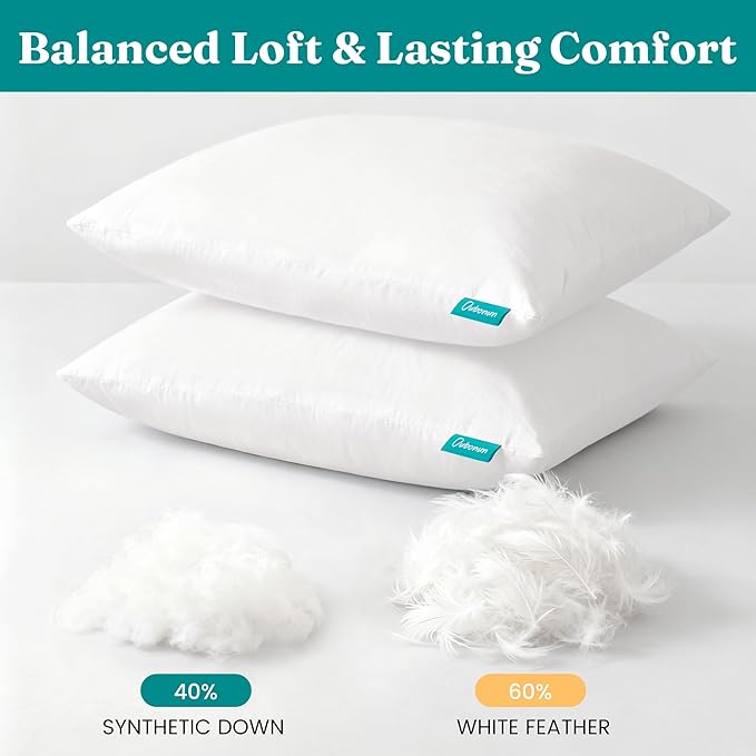 Oubonun 20x20 Feather Down Alternative Throw Pillow Inserts, 100% Cotton Cover, Medium Firm Decorative Pillow Inserts for Couch, Sofa, Bed, Chair (Set of 2)