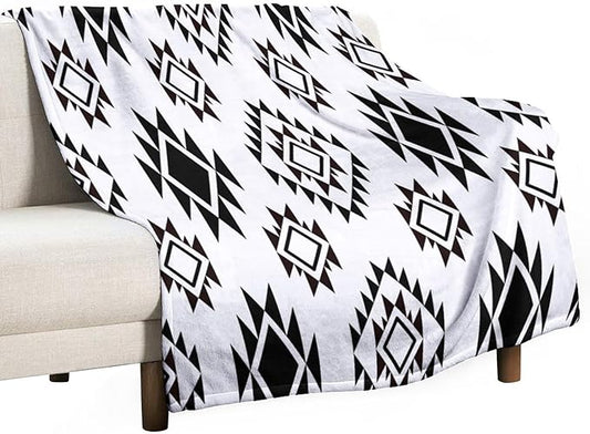 Boho Throw Blanket, Black and White Native Blankets, Vintage Tribal Aztec Printed Flannel Blanket for Chair Bed Sofa Couch 40"x50"