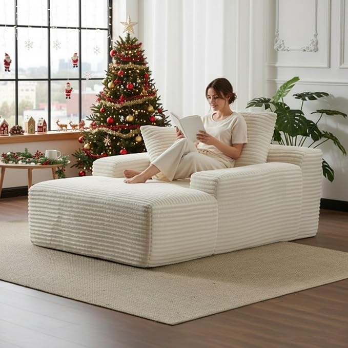 Chaise Lounge Chair Indoor, Oversized Comfy Fluffy Cloud Couch with Throw Pillows & Deep Seat, Modern Lounge Sleeper Couch with Armrests, Upholstered Sofa Bed Chair for Living Room, White