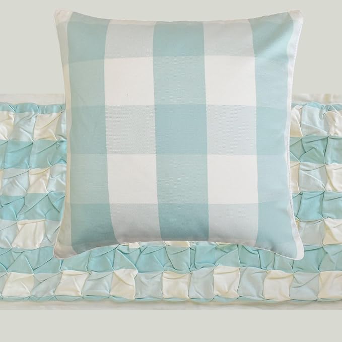 The HomeCentric King/Queen/Twin Aqua Decorative Bed Runner Twin 53"x18" Bed Runner with Two Pillow Cover, Checkered, Buffalo Plaid, Check Bed Scarf on Cotton Fabric - Aqua Plaid Knots