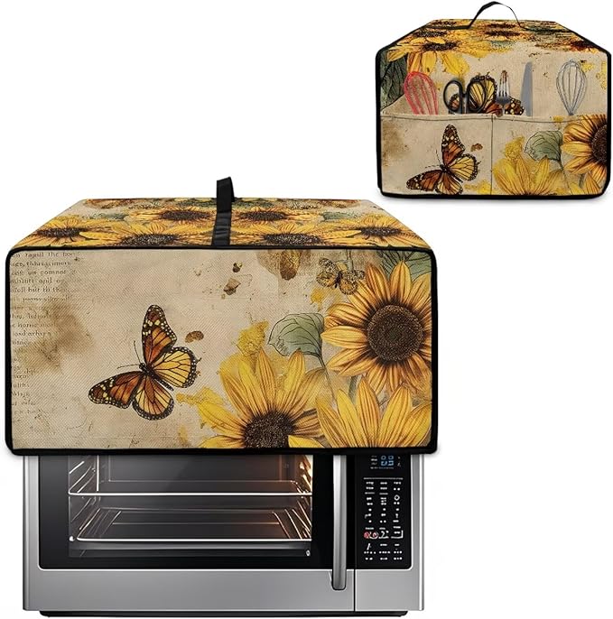 Microwave Oven Dust Cover Dust-Proof Sturdy Microwave Oven Cloth Cover Waterproof Kitchen Appliance Protector Suitable for Most Microwave Ovens, Vintage Sunflower Butterfly Letter Print, M