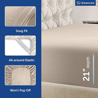 DREAMCARE Queen Sheet Set – 4 pcs Cooling Sheets – up to 21” Extra Deep Pocket Queen Sheets – Hotel Luxury Sheets & Pillowcases – Superior Softness 100% Microfiber with Side Pocket - Beige