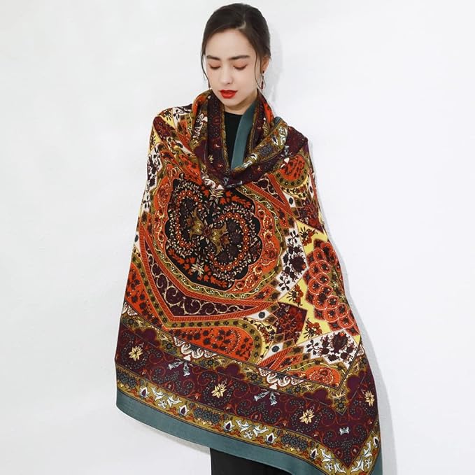 DANA XU 100% Merino Wool Pashmina Shawl for Women 96"x43", Oversized Cashmere Wrap with Tassels, Floral Travel Blanket Cape