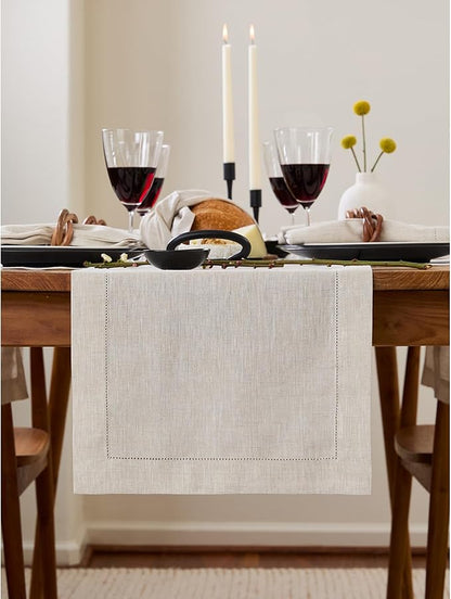 Solino Home Linen Hemstitch Table Runner 120 Inches Long - 100% Pure Linen Light Natural Table Runner 14 x 120 Inch - Classic Hemstitch