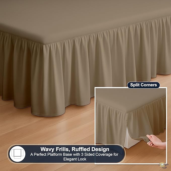Cottington Lane Ruffled Bed Skirt King Size with Split Corner, Brushed Microfiber Hotel Quality Taupe Dust Ruffle, 24 Inch Drop Gathered Bedskirt, Soft and Stylish, Shrinkage and Fade Resistant