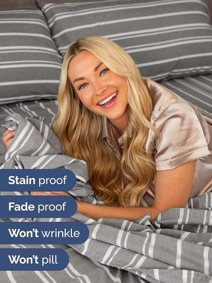Extra Deep Pocket Full Sheets - 4 Piece Breathable & Cooling Bed Sheets - Hotel Luxury Bed Sheet Set - Soft, Wrinkle Free & Comfy - Easily Fits Extra Deep Mattresses - Deep Pocket Grey Striped Sheets