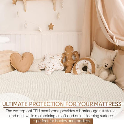 Crib Luxury Quilted Organic Mattress Protector Pad - Certified Organic Cotton, Waterproof Skin-Friendly Breathable Mattress Cover - Premium 380 GSM Comfort - Jersey Cotton Skirt