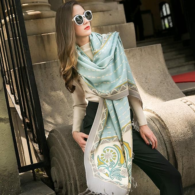 DANA XU 100% Merino Wool Pashmina Shawl for Women 96"x43", Oversized Cashmere Wrap with Tassels, Floral Travel Blanket Cape
