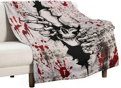 Horror Skull Throw Blanket, Halloween Day of The Dead Vintage Gothic Scary Blood Hand Soft Warm Fleece Blanket for Bed Couch Living Room All Season, 50"x60"